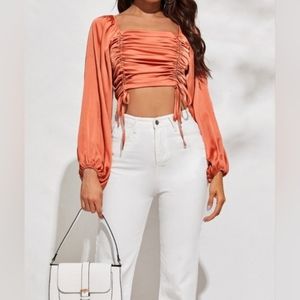 SHEIN Burnt Orange Drawstring Ruched Front Balloon Sleeves Party Cropped Top S